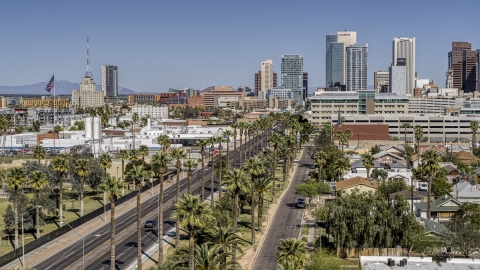 DXP002_137_0003 - Aerial stock photo of Palm trees lining a street leading to tall office buildings in Downtown Phoenix, Arizona