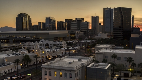 Tall high-rise office towers at sunset in Downtown Phoenix, Arizona Aerial Stock Photos | DXP002_139_0005