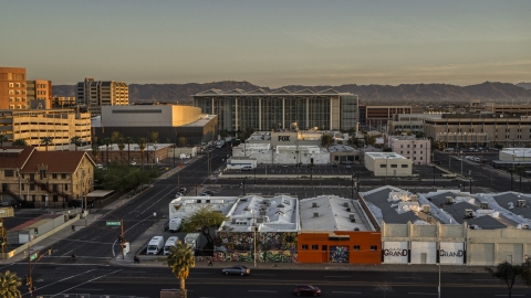 A performing arts theater, federal courthouse and TV station at sunset, Downtown Phoenix, Arizona Aerial Stock Photos | DXP002_143_0008