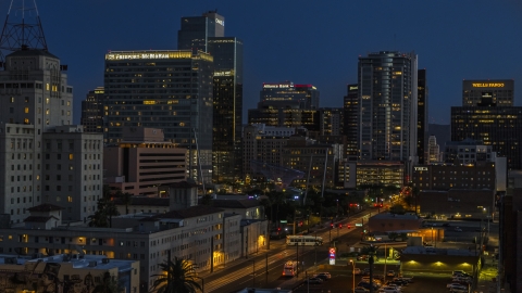 Tall high-rise office buildings near Westward Ho building at twilight, Downtown Phoenix, Arizona Aerial Stock Photos | DXP002_143_0013