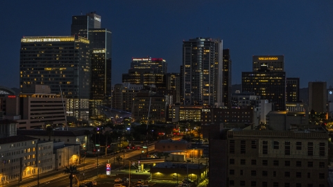 A view of high-rise office towers at twilight, Downtown Phoenix, Arizona Aerial Stock Photos | DXP002_143_0014