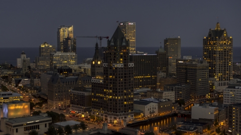 A riverfront office tower at night, Downtown Milwaukee, Wisconsin Aerial Stock Photos | DXP002_151_0001