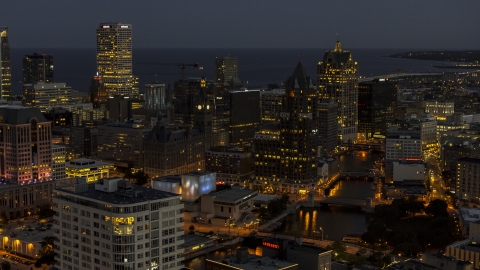 DXP002_151_0002 - Aerial stock photo of A view of skyscrapers at night, Downtown Milwaukee, Wisconsin