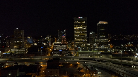 Downtown buildings and skyscrapers at night, Downtown Milwaukee, Wisconsin Aerial Stock Photos | DXP002_151_0003