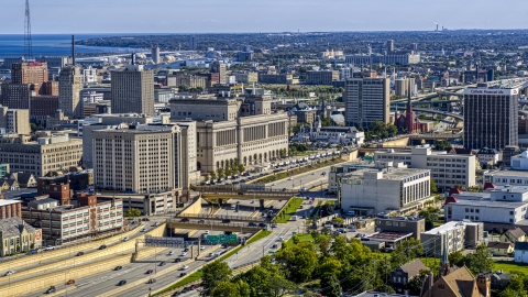 DXP002_152_0002 - Aerial stock photo of A courthouse beside the I-43 freeway in Milwaukee, Wisconsin