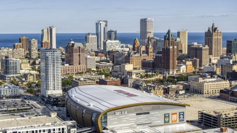 DXP002_152_0004 - Aerial stock photo of The city's skyline seen from the arena in Downtown Milwaukee, Wisconsin