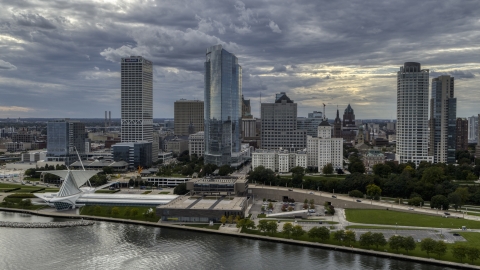 DXP002_154_0001 - Aerial stock photo of Skyscrapers and the waterfront art museum in Downtown Milwaukee, Wisconsin