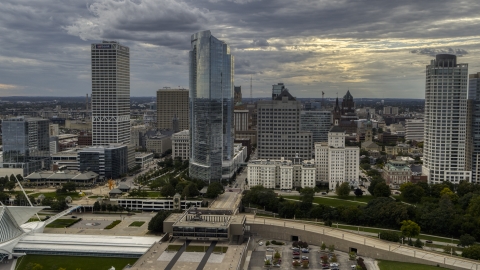 Skyscrapers near the art museum by Lake Michigan in Downtown Milwaukee, Wisconsin Aerial Stock Photos | DXP002_154_0002