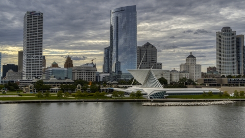 Skyscrapers and art museum by Lake Michigan in Downtown Milwaukee, Wisconsin Aerial Stock Photos | DXP002_154_0003