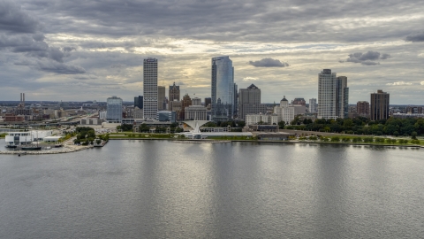 The city's lakefront skyline seen from Lake Michigan in Downtown Milwaukee, Wisconsin Aerial Stock Photos | DXP002_154_0004