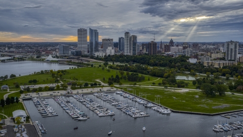 DXP002_154_0006 - Aerial stock photo of Veterans Park and skyline of Downtown Milwaukee, Wisconsin