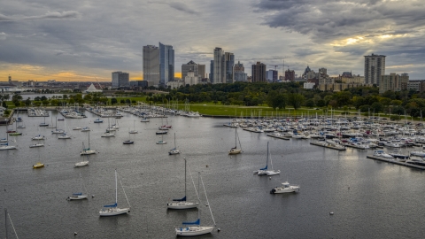 DXP002_154_0007 - Aerial stock photo of Veterans Park and skyline of Downtown Milwaukee, Wisconsin seen from marina