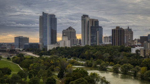 DXP002_155_0001 - Aerial stock photo of The city's skyline at sunset, Downtown Milwaukee, Wisconsin