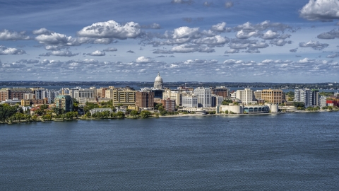 DXP002_158_0001 - Aerial stock photo of Lakefront city buildings in Madison, Wisconsin