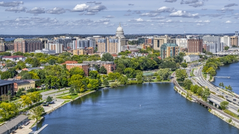 DXP002_158_0003 - Aerial stock photo of Apartment complexes near capitol dome in Madison, Wisconsin