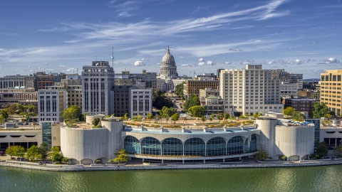 DXP002_158_0006 - Aerial stock photo of The capitol dome and office buildings, seen from the convention center, Madison, Wisconsin