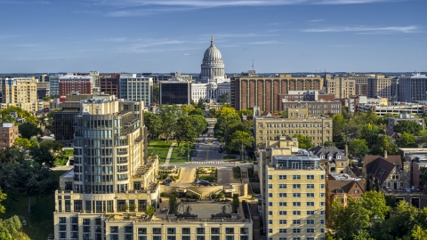 Apartment buildings and the capitol building, seen from hotel in Madison, Wisconsin Aerial Stock Photos | DXP002_160_0002