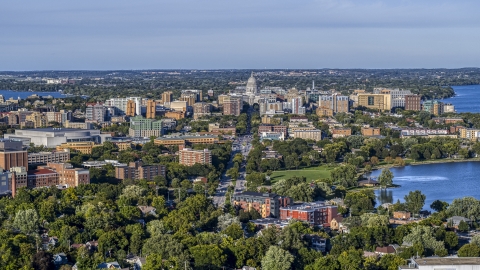 DXP002_161_0001 - Aerial stock photo of The capitol dome and downtown seen from a residential neighborhood, Madison, Wisconsin