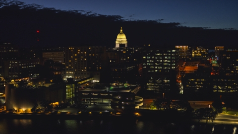 The capitol dome and downtown buildings at twilight, Madison, Wisconsin Aerial Stock Photos | DXP002_162_0001