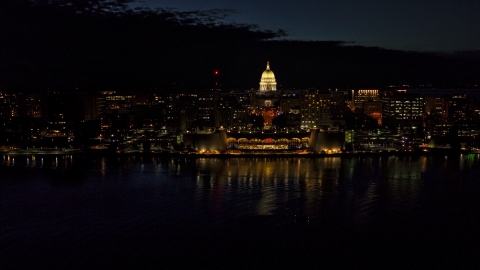 DXP002_162_0003 - Aerial stock photo of The convention center and capitol in downtown at night, Madison, Wisconsin