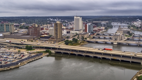 Apartment high-rise and bridges spanning the river, Downtown Cedar Rapids, Iowa Aerial Stock Photos | DXP002_164_0006