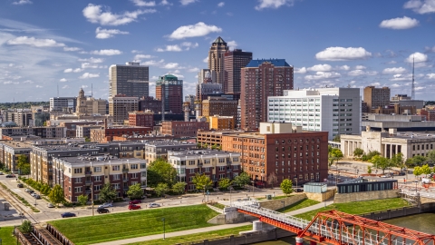 DXP002_165_0002 - Aerial stock photo of The city's skyline seen from apartment and office buildings in Downtown Des Moines, Iowa