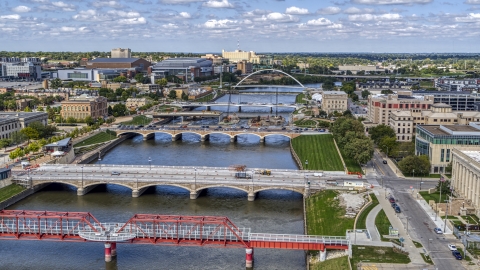 Several bridges spanning the river in Des Moines, Iowa Aerial Stock Photos | DXP002_165_0005