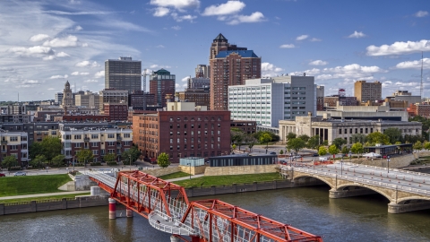 A view of government offices and skyline from bridges over the river, Downtown Des Moines, Iowa Aerial Stock Photos | DXP002_165_0009