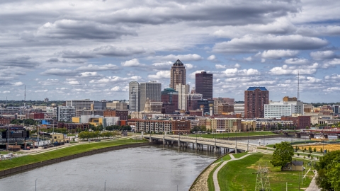 The skyline across the river, seen from a park, Downtown Des Moines, Iowa Aerial Stock Photos | DXP002_165_0011