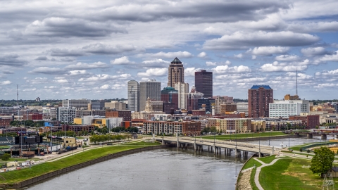 Cedar River bridge and a view of skyline, Downtown Des Moines, Iowa Aerial Stock Photos | DXP002_165_0012