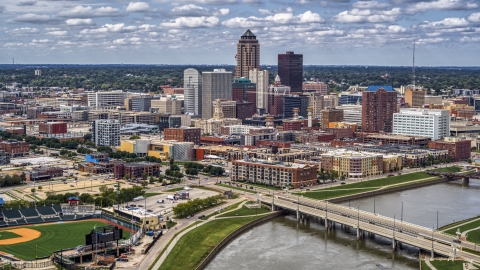 The city's skyline seen from the Cedar River, Downtown Des Moines, Iowa Aerial Stock Photos | DXP002_165_0013