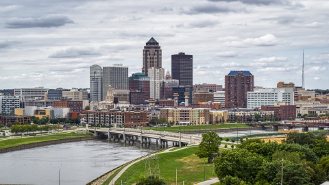 DXP002_165_0017 - Aerial stock photo of The city's downtown skyline and Cedar River, Downtown Des Moines, Iowa