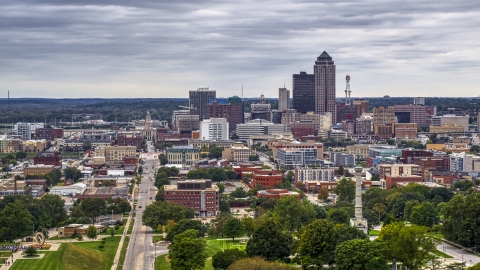 The distant skyline seen from the capitol grounds, Downtown Des Moines, Iowa Aerial Stock Photos | DXP002_166_0003