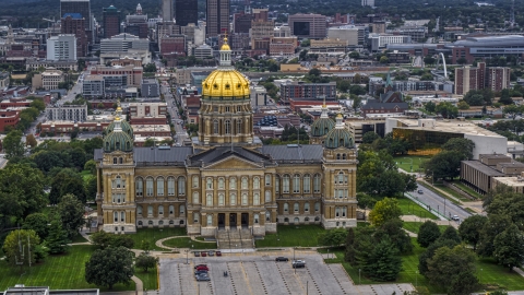 The front of the Iowa State Capitol with the city in the background, Des Moines, Iowa Aerial Stock Photos | DXP002_166_0008