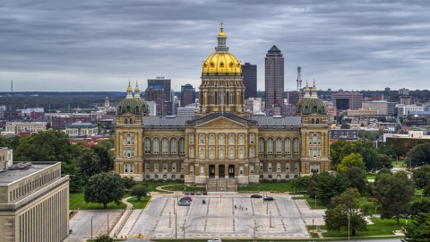 DXP002_166_0009 - Aerial stock photo of The front side of the Iowa State Capitol building in Des Moines, Iowa