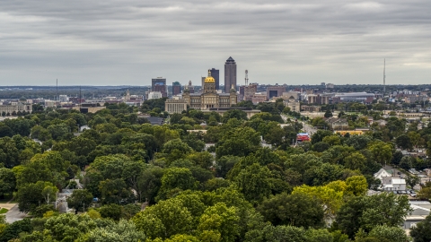 DXP002_166_0010 - Aerial stock photo of A wide view of the state capitol and the skyline of Downtown Des Moines, Iowa