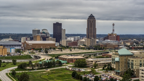 DXP002_167_0001 - Aerial stock photo of The city's skyline and tall skyscraper in Downtown Des Moines, Iowa, seen from the hospital