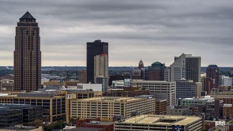 DXP002_167_0005 - Aerial stock photo of Skyscraper and office buildings in Downtown Des Moines, Iowa