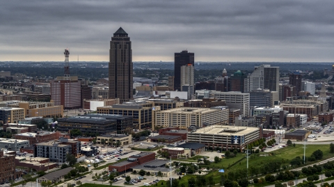 A towering skyscraper and office buildings in Downtown Des Moines, Iowa Aerial Stock Photos | DXP002_167_0006