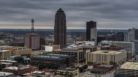 DXP002_167_0007 - Aerial stock photo of A towering skyscraper and office buildings in Downtown Des Moines, Iowa