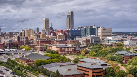 DXP002_168_0001 - Aerial stock photo of The city's skyline in Downtown Omaha, Nebraska