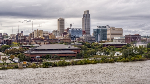 Riverfront park with view of skyline, Downtown Omaha, Nebraska Aerial Stock Photos | DXP002_169_0007