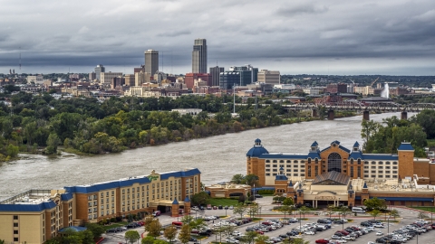 DXP002_170_0001 - Aerial stock photo of The city's skyline seen from across the Missouri River, Downtown Omaha, Nebraska