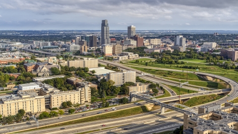 DXP002_170_0003 - Aerial stock photo of The city's skyline seen from university and apartment complex, Downtown Omaha, Nebraska