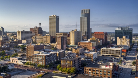 DXP002_170_0005 - Aerial stock photo of A view of the city's skyscrapers in Downtown Omaha, Nebraska