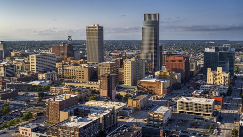 DXP002_170_0006 - Aerial stock photo of The city's skyscrapers in Downtown Omaha, Nebraska