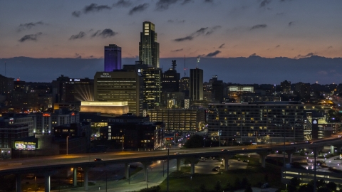 DXP002_173_0004 - Aerial stock photo of The city's skyline at twilight in Downtown Omaha, Nebraska