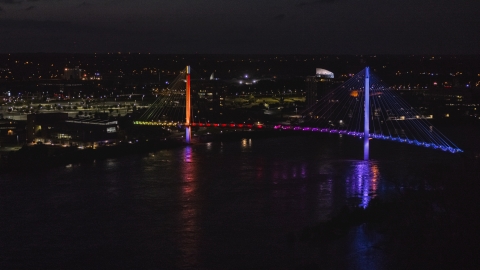 A pedestrian bridge spanning the Missouri River at night, Omaha, Nebraska Aerial Stock Photos | DXP002_173_0005