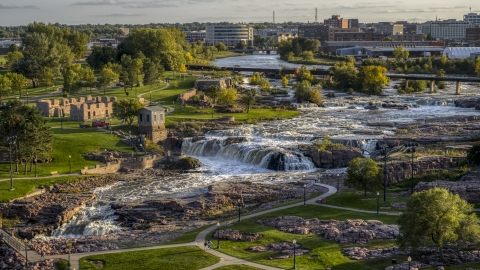 Falls Park at sunset in Sioux Falls, South Dakota Aerial Stock Photos | DXP002_176_0002