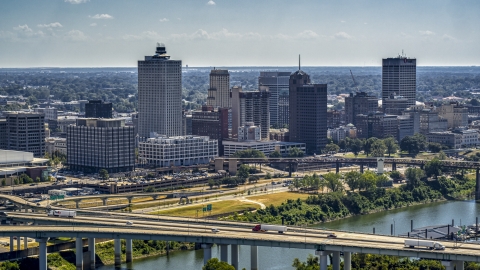 DXP002_177_0001 - Aerial stock photo of A view of the city's skyline seen from a bridge in Downtown Memphis, Tennessee